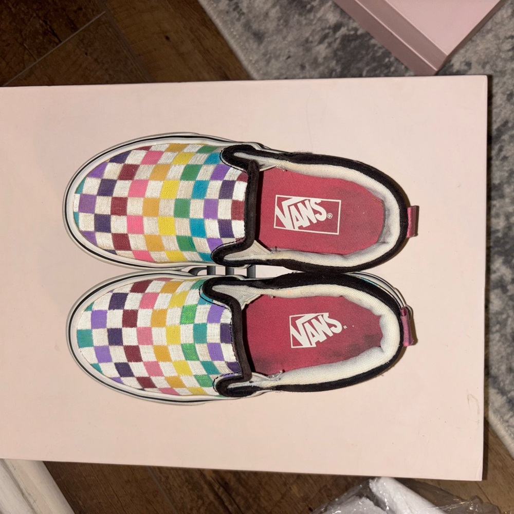 Vans Red and Pink Sneakers with Colorful Checkerboard Design